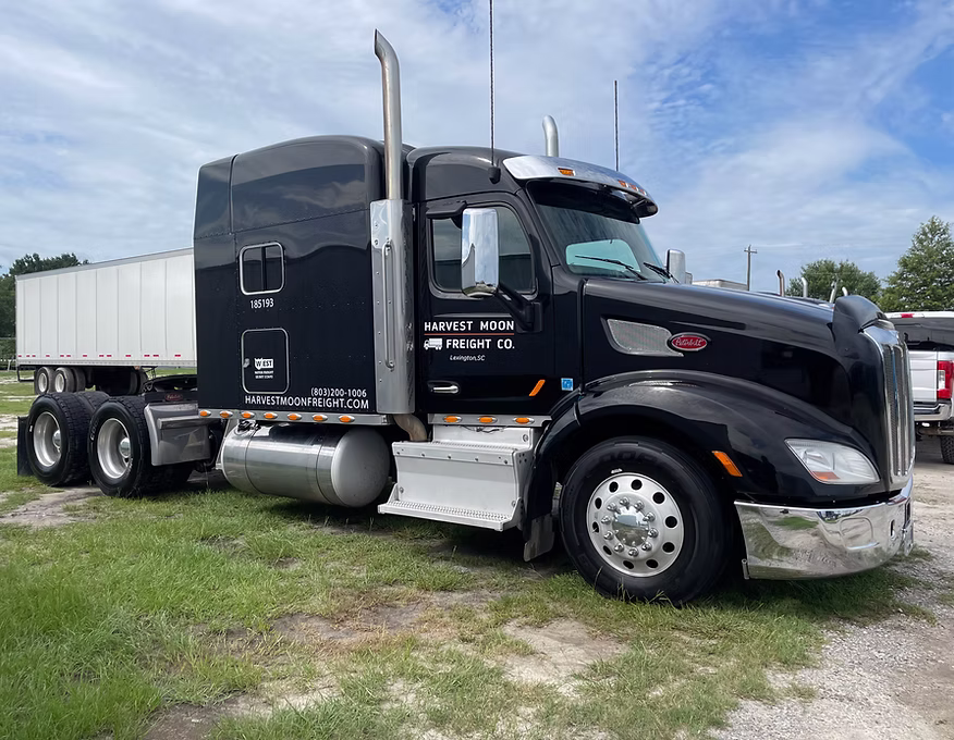 Black semi-truck parked on grass