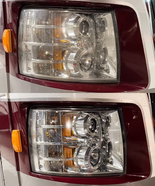 Two views of a motorhome headlight